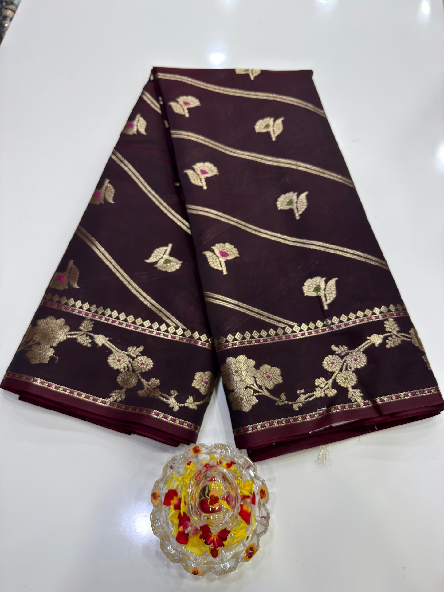 Banarasi Semi Katan Silk Saree for Women with Gold Zari Weaving, Meenakari Border and Blouse Piece