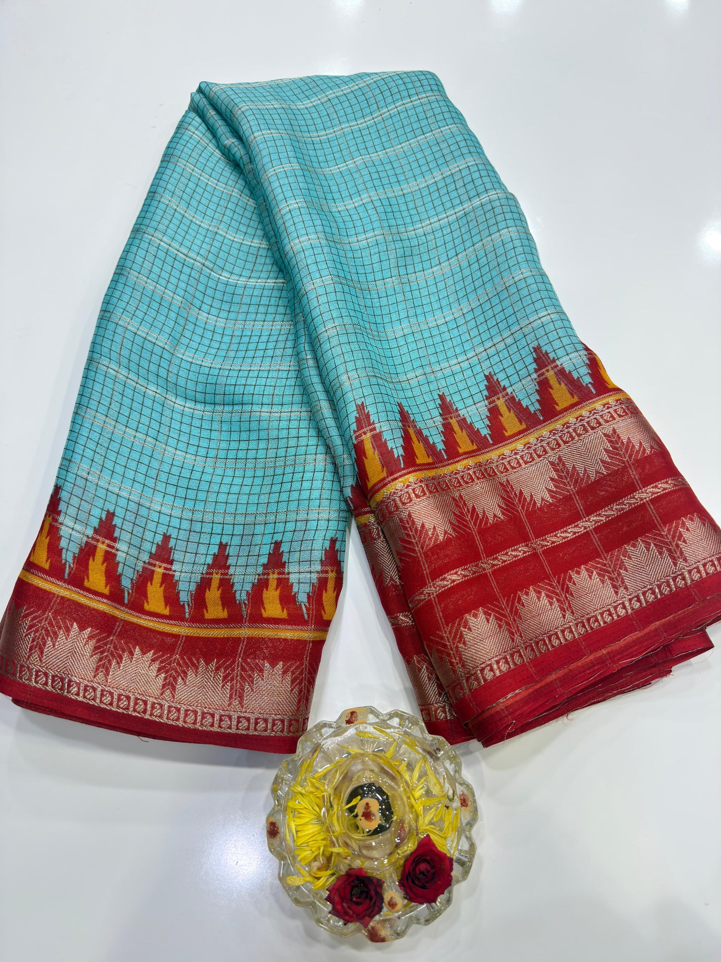Silk Blend Saree for Women with Temple and Folk Motif Border Traditional Design