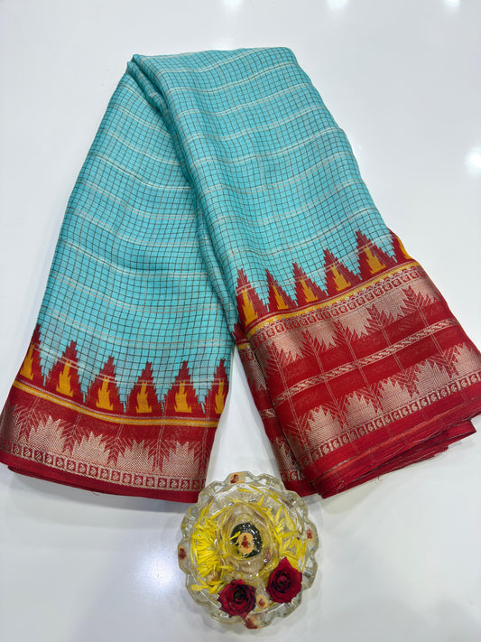 Silk Blend Saree for Women with Temple and Folk Motif Border Traditional Design