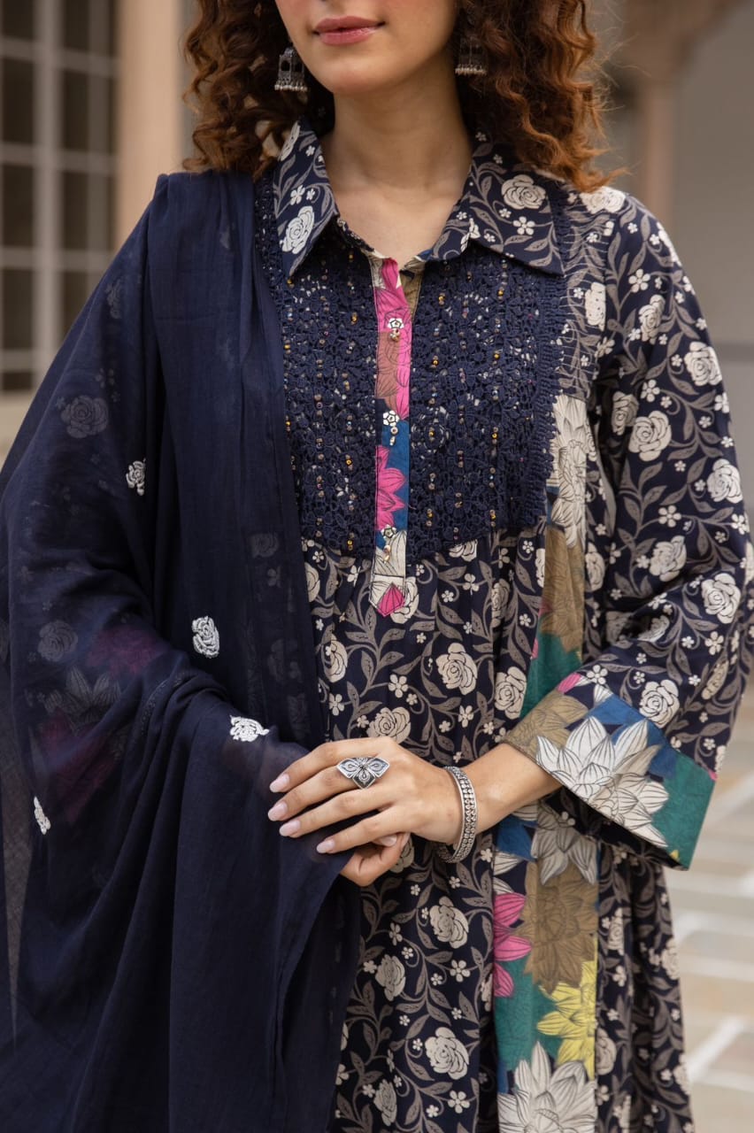 Cotton Printed Kurta Set for Women with Floral Panels and Dupatta