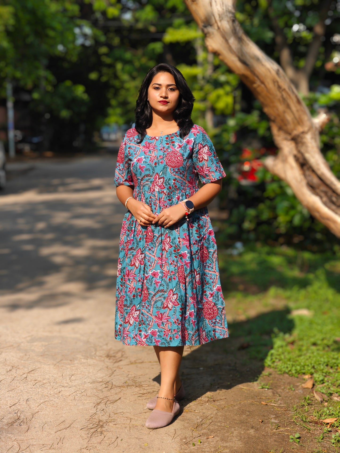 Cotton Floral Printed Flared Midi Dress for Women – Sizes S to 3XL