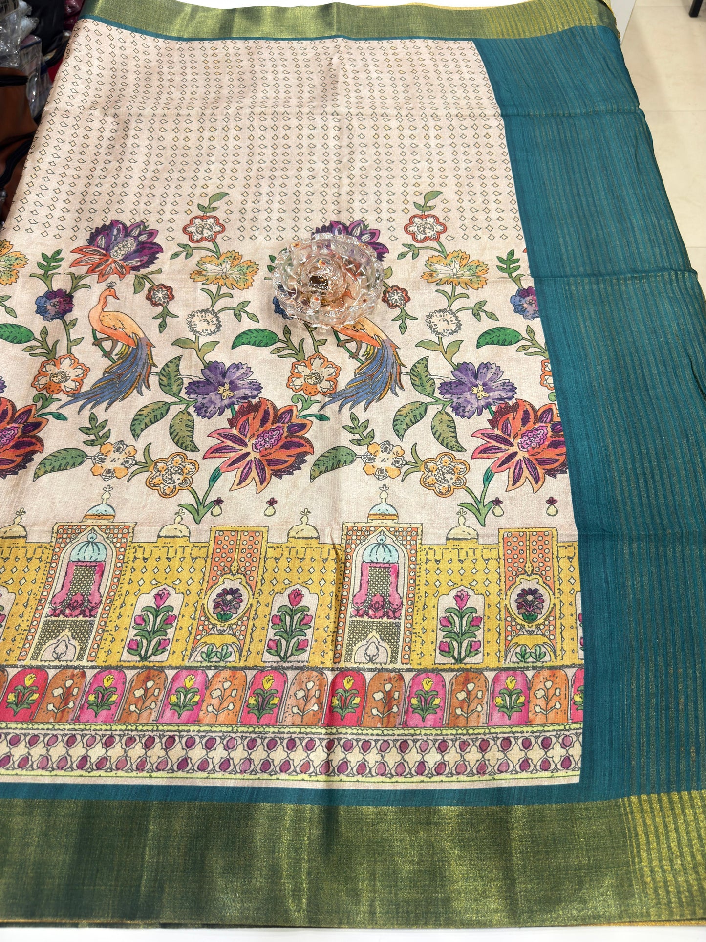 Soft Tussar Silk Printed Saree with Contrast Border, Tassels and Blouse for Women