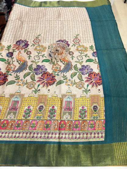 Soft Tussar Silk Printed Saree with Contrast Border, Tassels and Blouse for Women