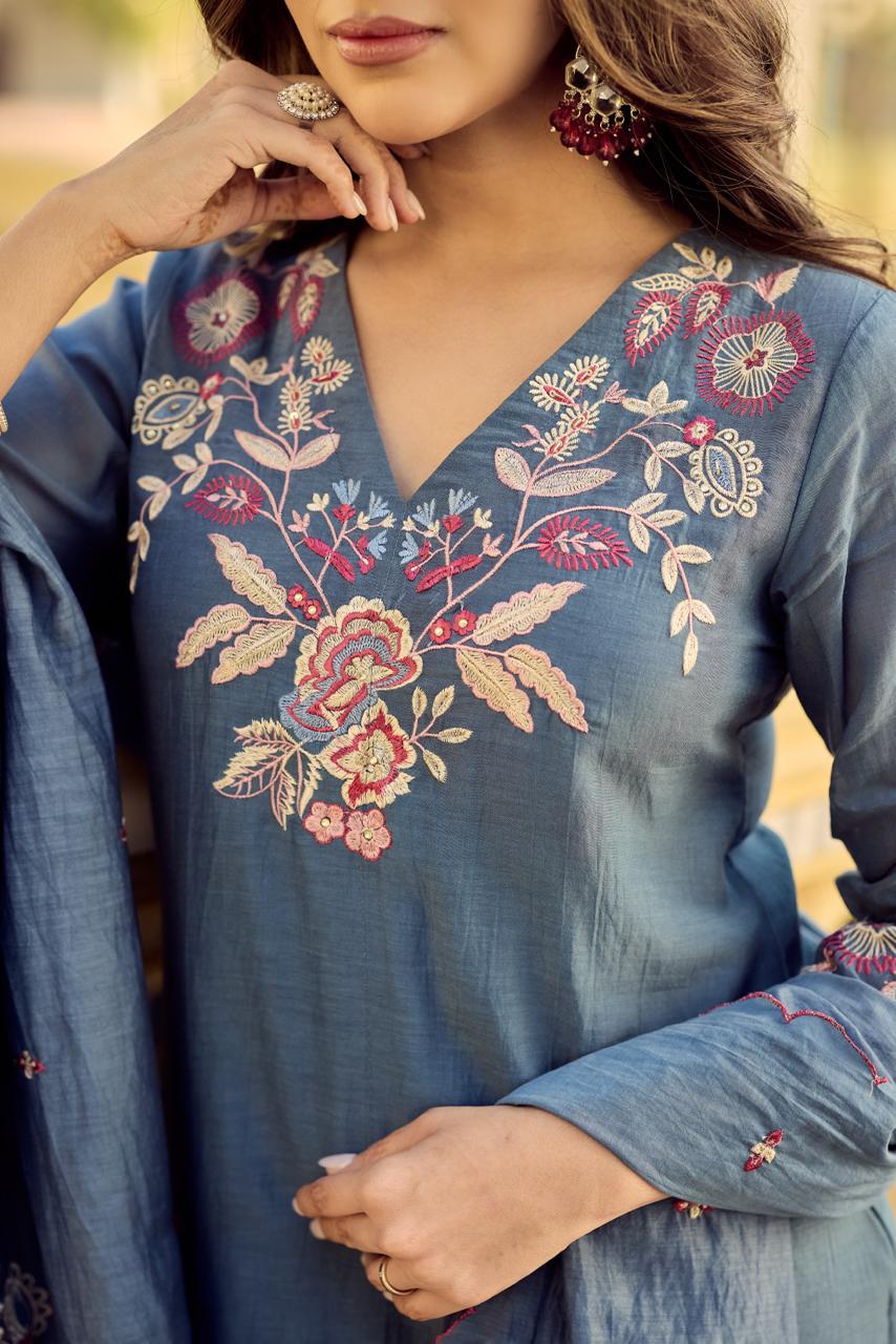 Mul Chanderi Embroidered Kurti Pant Dupatta Set for Women, V-Neck Straight Kurta with Matching Bottom and Dupatta