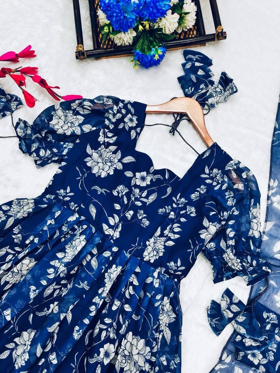 Pea Blue Organza Suit Set with Flared Kurta, Pants and Dupatta – Women’s Festive Wear