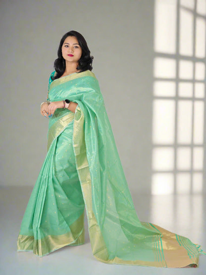 Soft Tissue Silk Saree with Small Butti Design, Embroidered Blouse up to Size 42 or Plain Silk Blouse