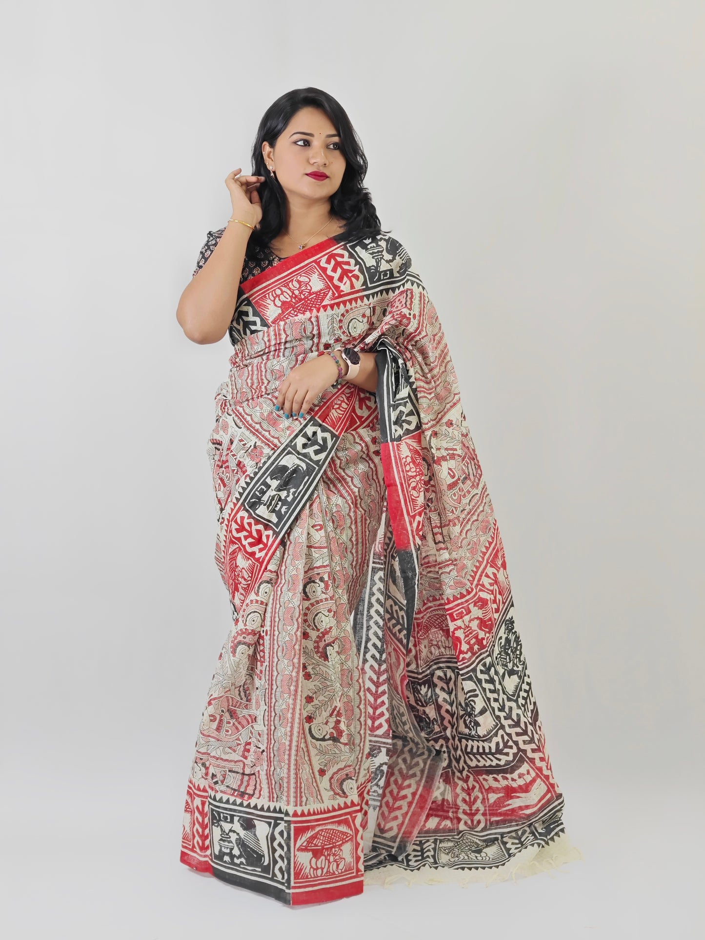 Madhubani Sohajpath Hand Block Print Saree on Begampur Zari Check Fabric – Festive & Wedding Wear