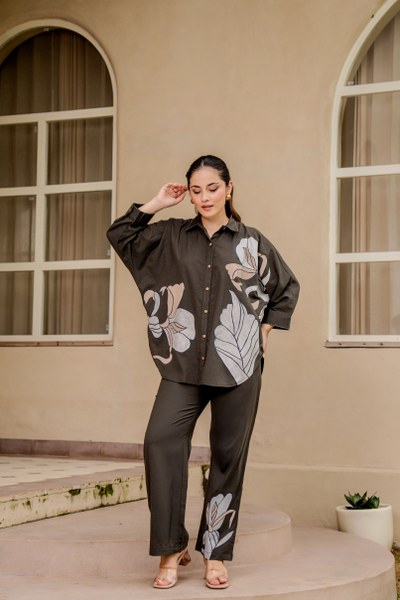 Cotton Co-ord Set for Women, Dark Grey Oversized Shirt Top with Pant, Floral Print, Button Front, 2 Piece Set