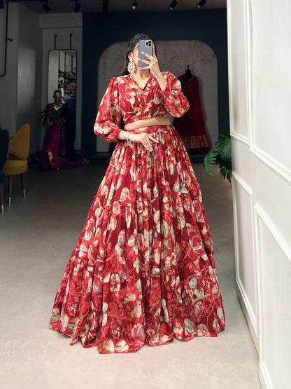 Georgette Chex Floral Print Co-ord Set with Lehenga and Blouse for Women – Stitched