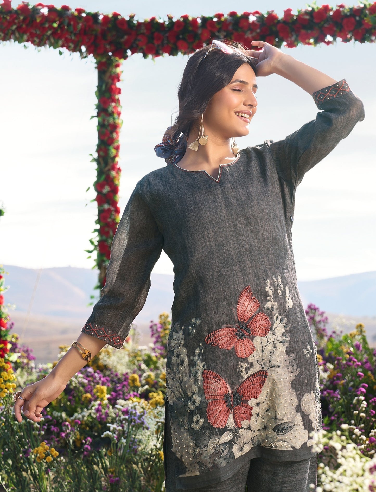 Linen Pure co ord set for women with cotton lining and knot work detailing, top and pant set L to 2XL