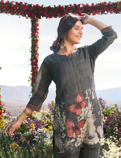 Linen Pure co ord set for women with cotton lining and knot work detailing, top and pant set L to 2XL