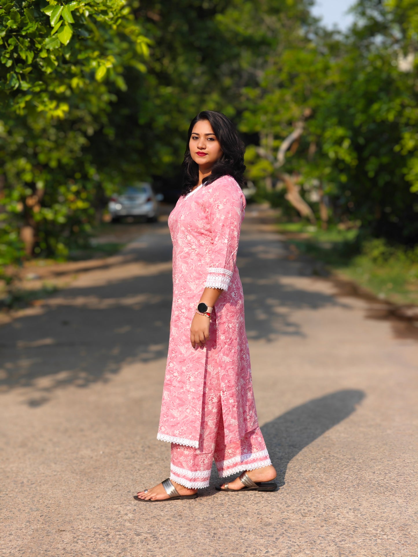 Pink Cotton Floral Print Kurta with Pant Set for Women – Regular Fit Daily Wear