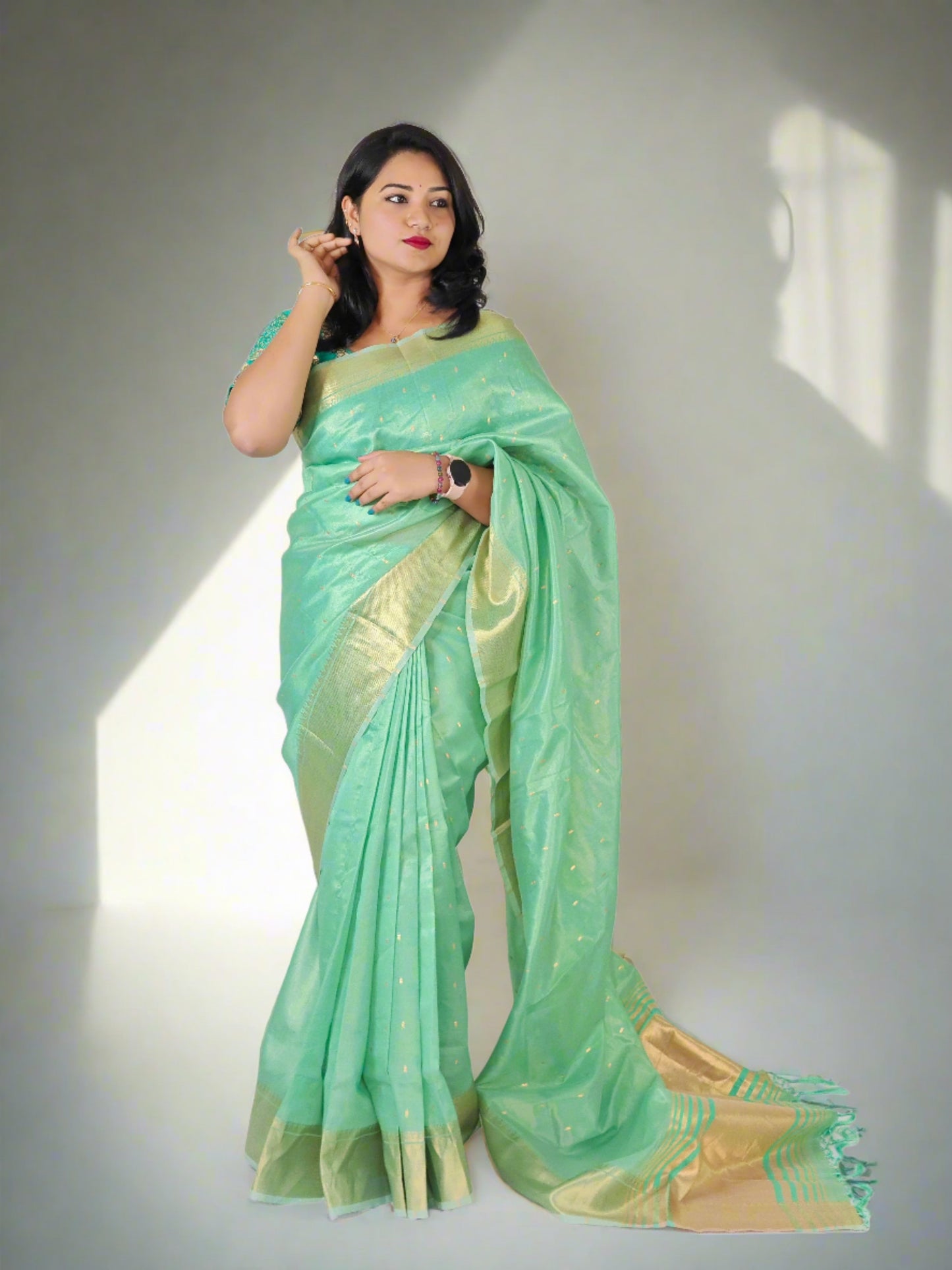 Soft Tissue Silk Saree with Small Butti Design, Embroidered Blouse up to Size 42 or Plain Silk Blouse