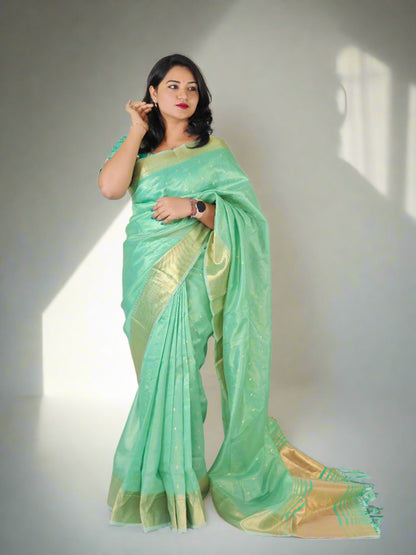 Soft Tissue Silk Saree with Small Butti Design, Embroidered Blouse up to Size 42 or Plain Silk Blouse