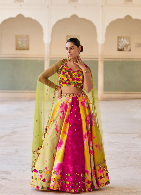Chinon printed and embroidered bridal lehenga set in yellow multicolour with cancan