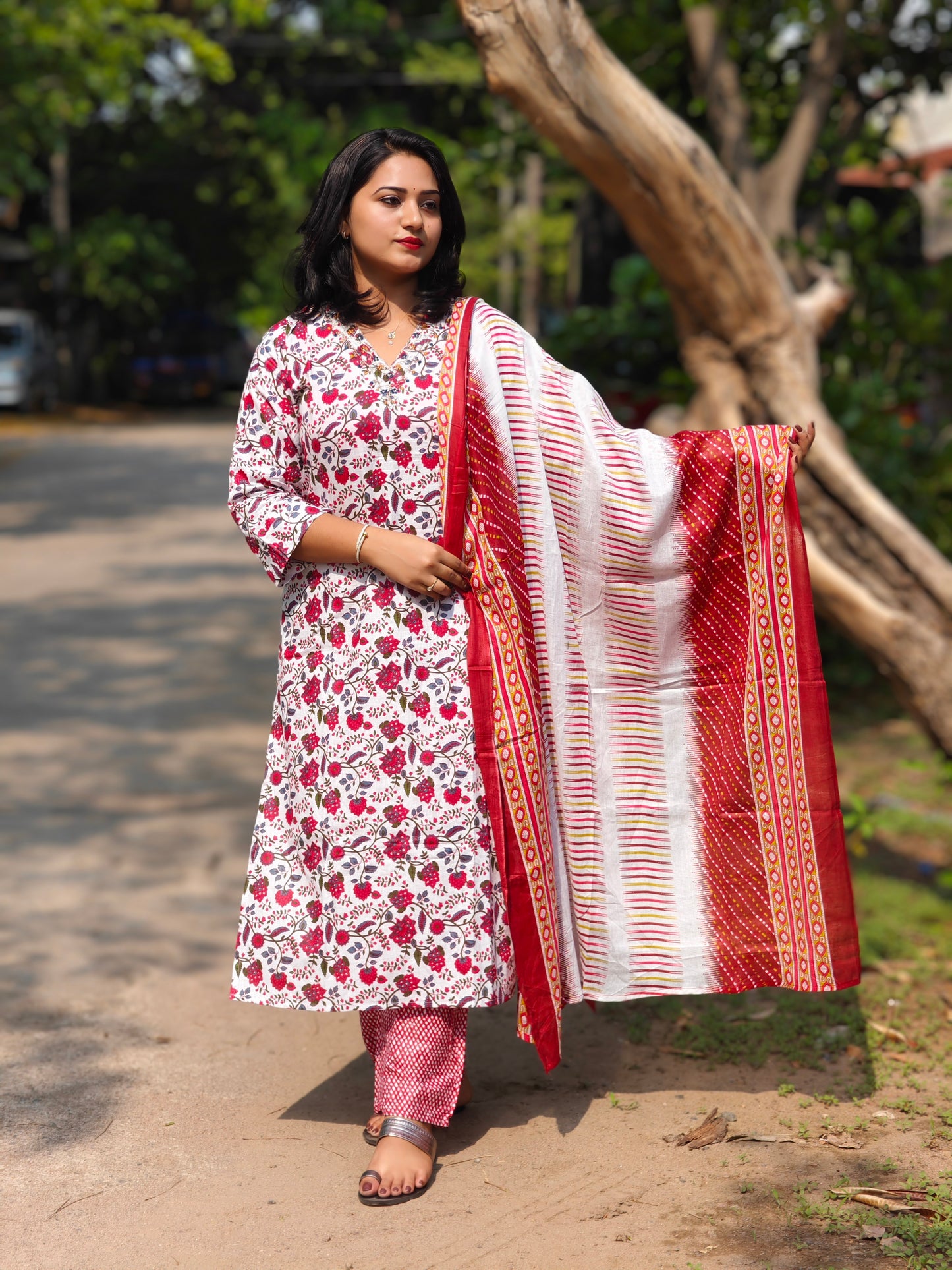 Cotton Kurti Pant Dupatta Set with Handwork and Mirror Detailing for Women