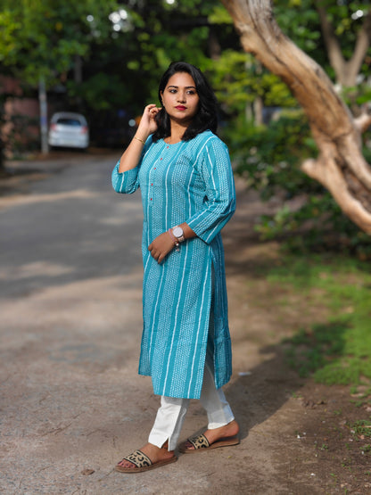 Blue Cotton Striped Straight Kurta for Women with Button Placket – S to 3XL