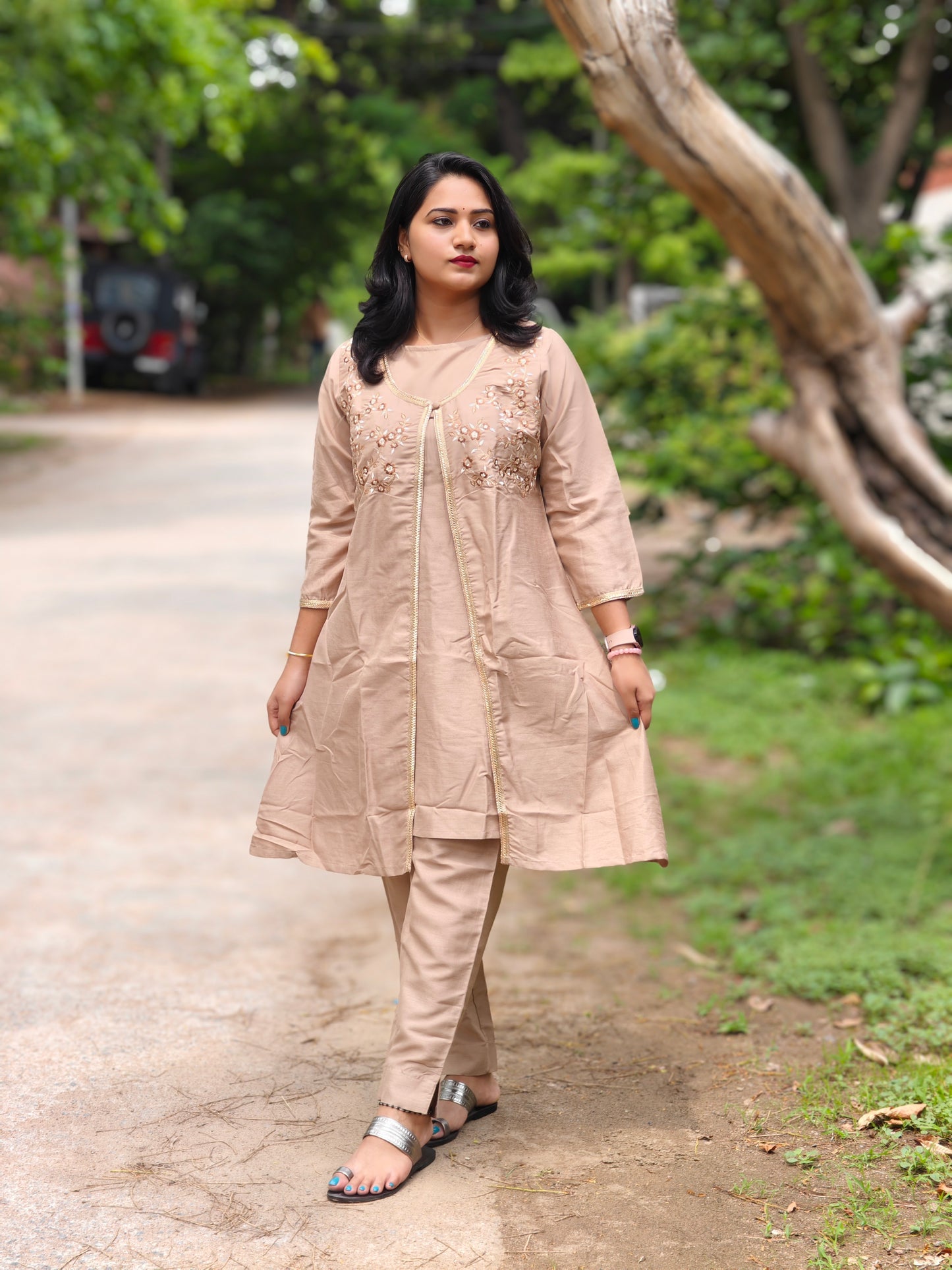 Beige Silk Crepe Embellished Jacket-Style Kurta with Pant Set for Women