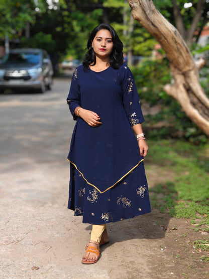 Navy Blue Poly Crepe Floral Printed Flared Kurta for Women with 3/4th Sleeves – S to 2XL
