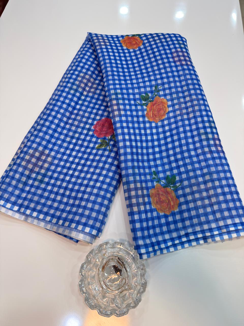 Linen Checks Printed Saree with Rose Floral Design and Matching Blouse for Women