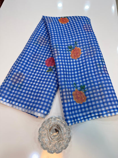 Linen Checks Printed Saree with Rose Floral Design and Matching Blouse for Women