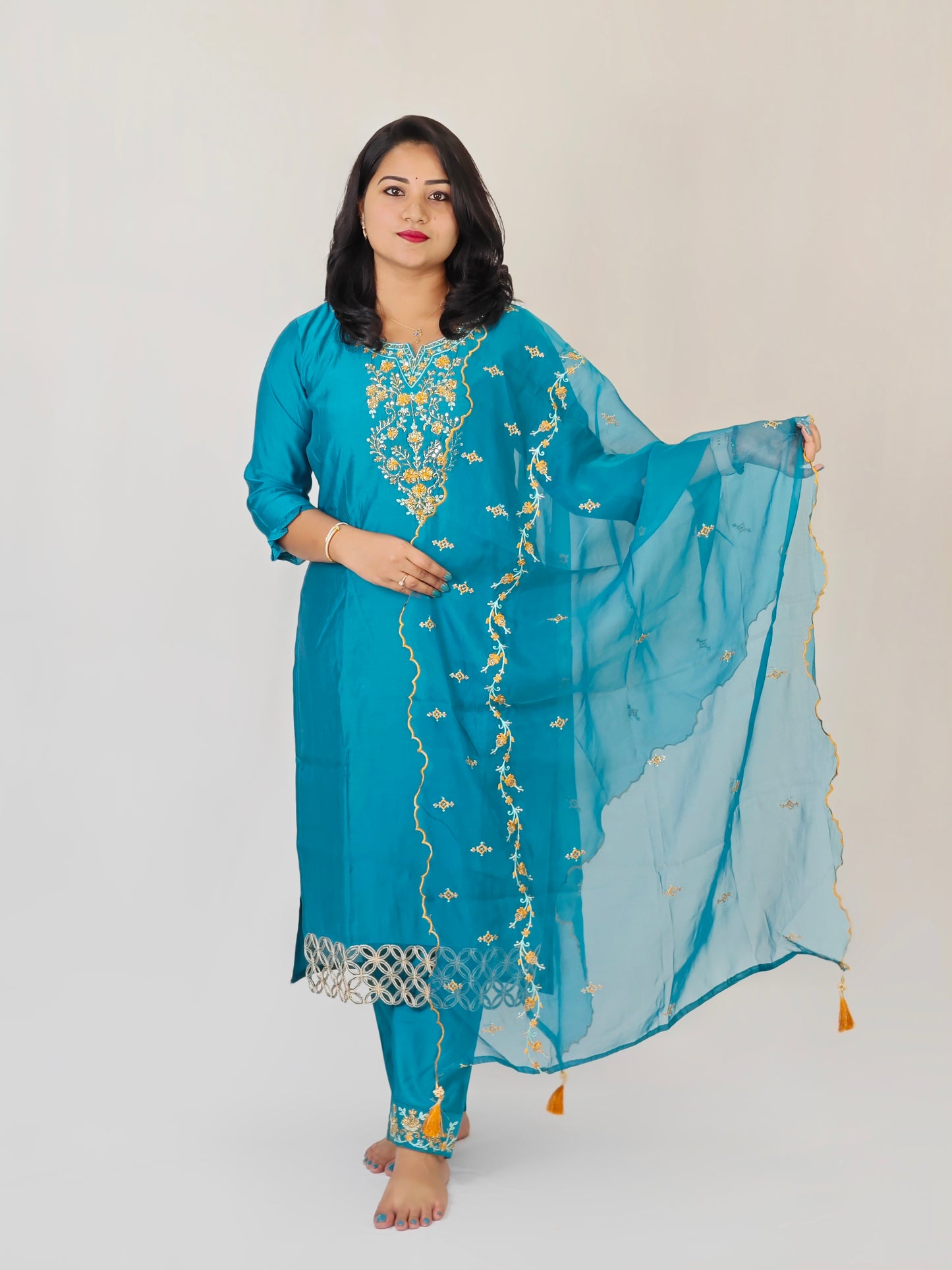 Milan Silk Handworked Kurta Pant Dupatta Set with Embroidered Organza Dupatta – Sizes M to XXL