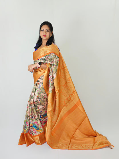 Soft Silk Saree with Kalamkari Motifs and Jacquard Border for Women