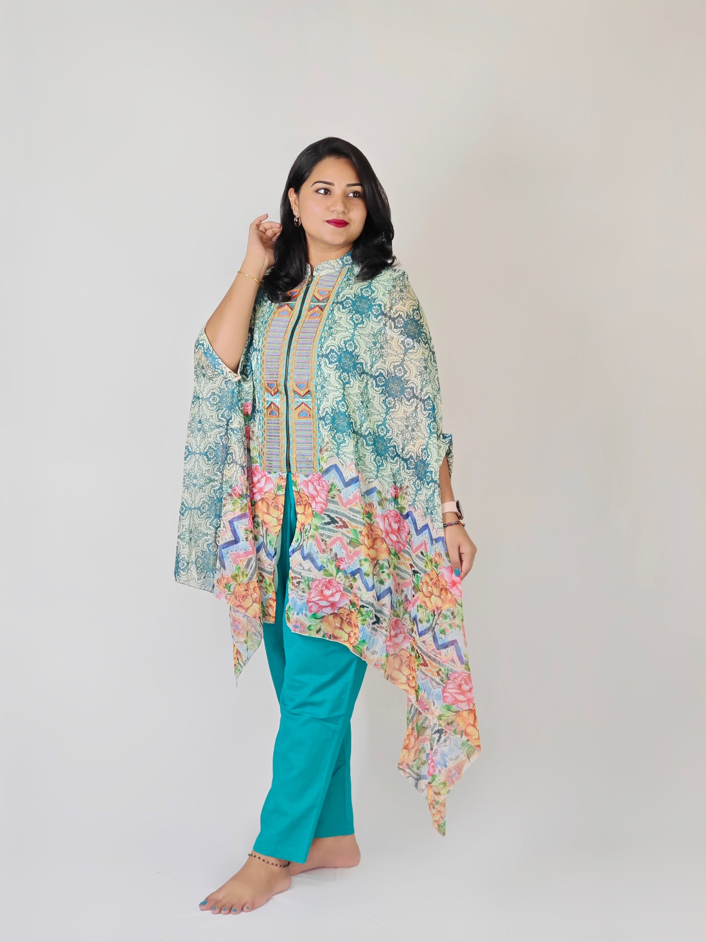 Designer Cape Style Embroidered Viscose Chiffon Top with Linen Cotton Bottom for Women | L to 2XL