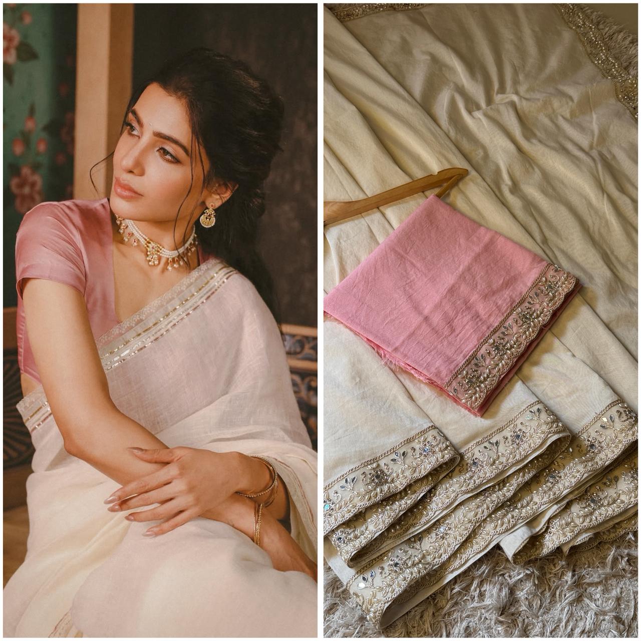 Banarasi mul cotton saree with lace handwork border and contrast pink lace blouse, lightweight women’s festive wear saree