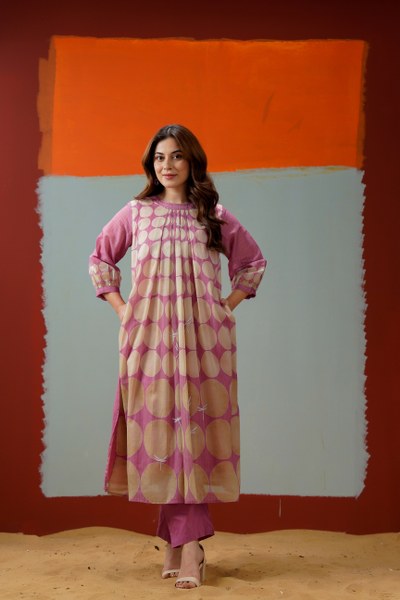 Cotton Kurti Pant Set for Women, Pink Beige Circle Print, 2 Piece Set, 3/4 Sleeves, Regular Fit