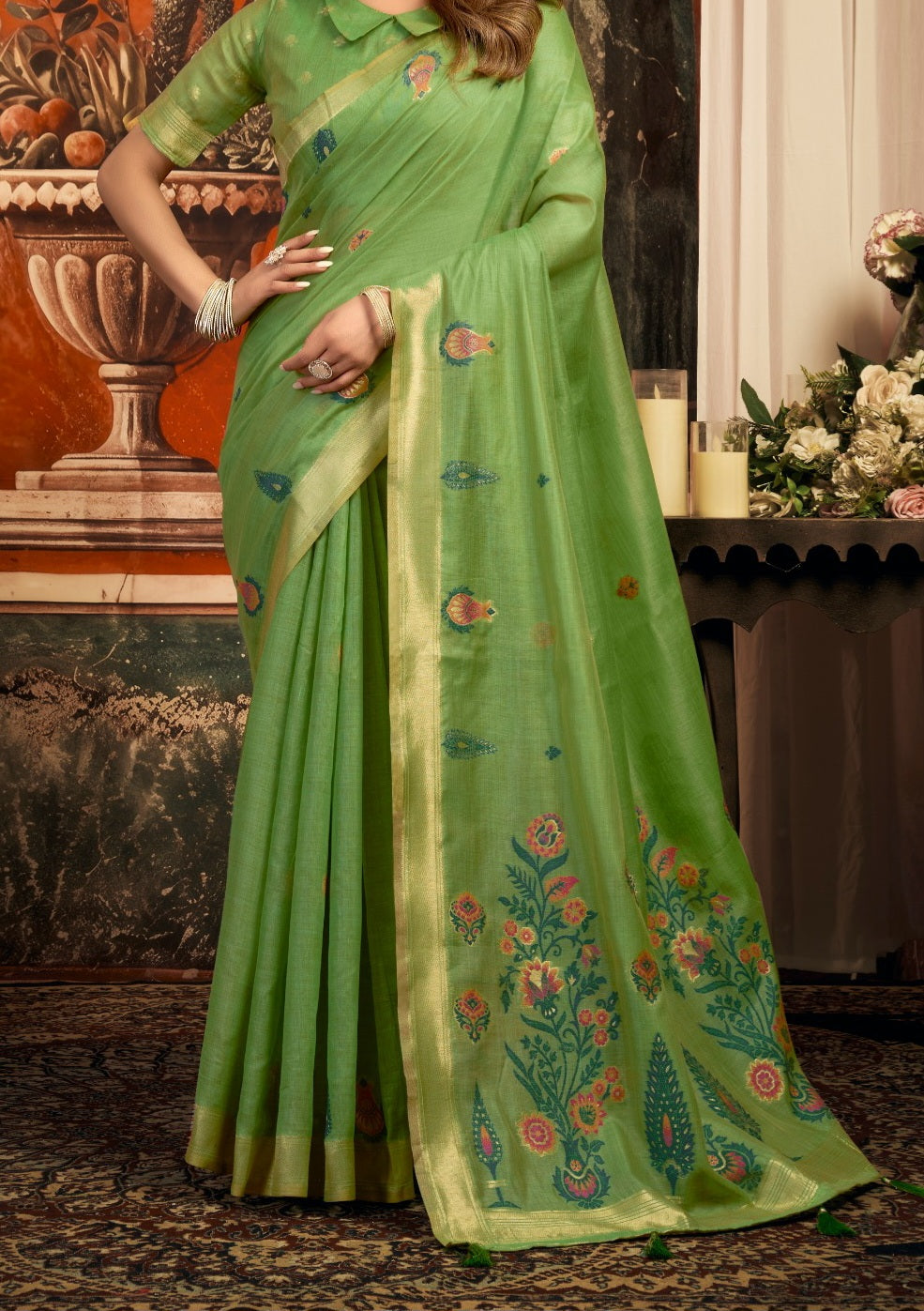 Puri Cotton Zari Border Saree with Fancy Tassels and Blouse for Women