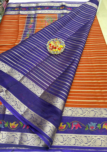 Munga Crape Silk Saree for Women with Contrast Woven Border and Traditional Stripe Design