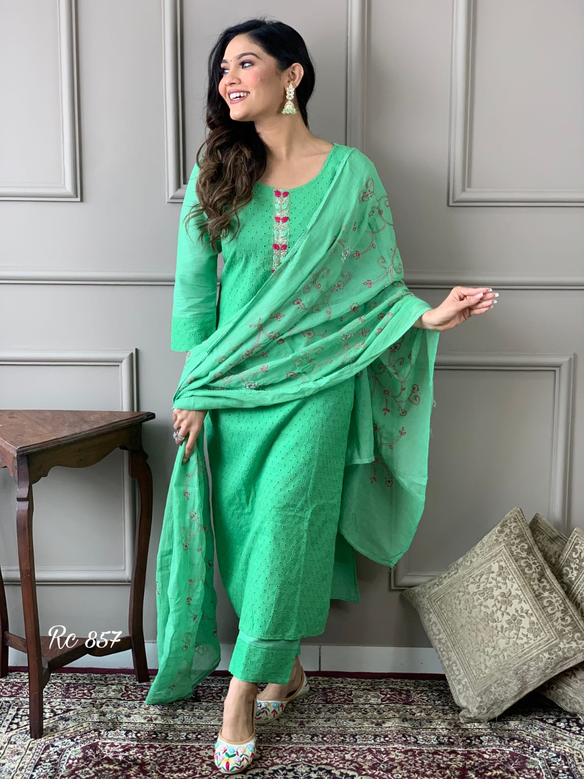 Cotton Schiffli Chikankari Kurta Set with Pants and Printed Silk Dupatta – Women’s Ethnic Wear