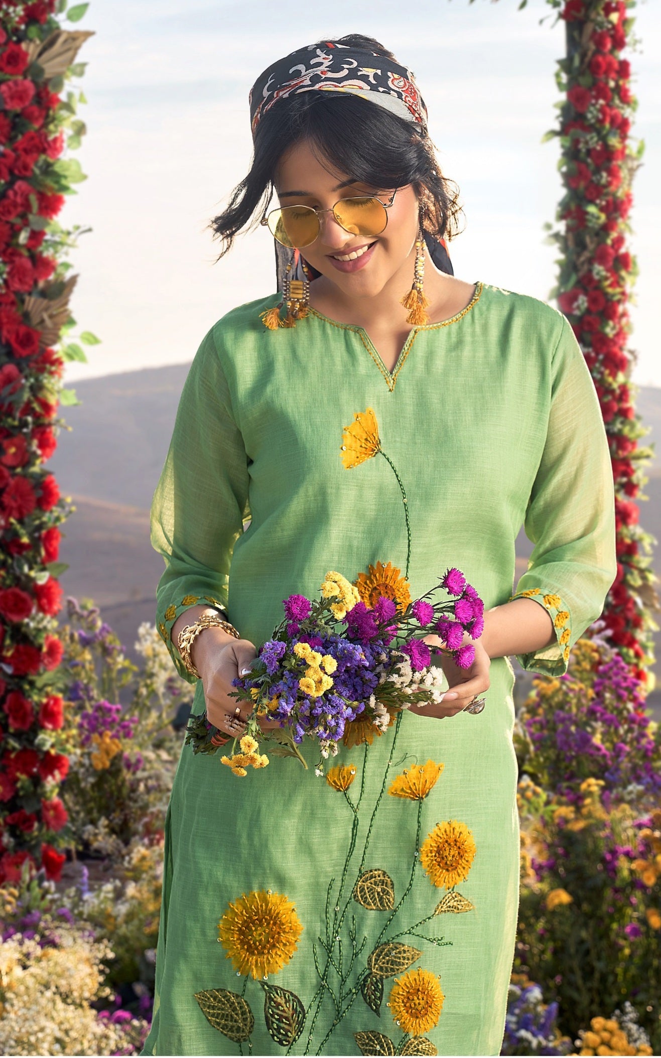 Linen Pure co ord set for women with cotton lining and knot work detailing, top and pant set L to 2XL