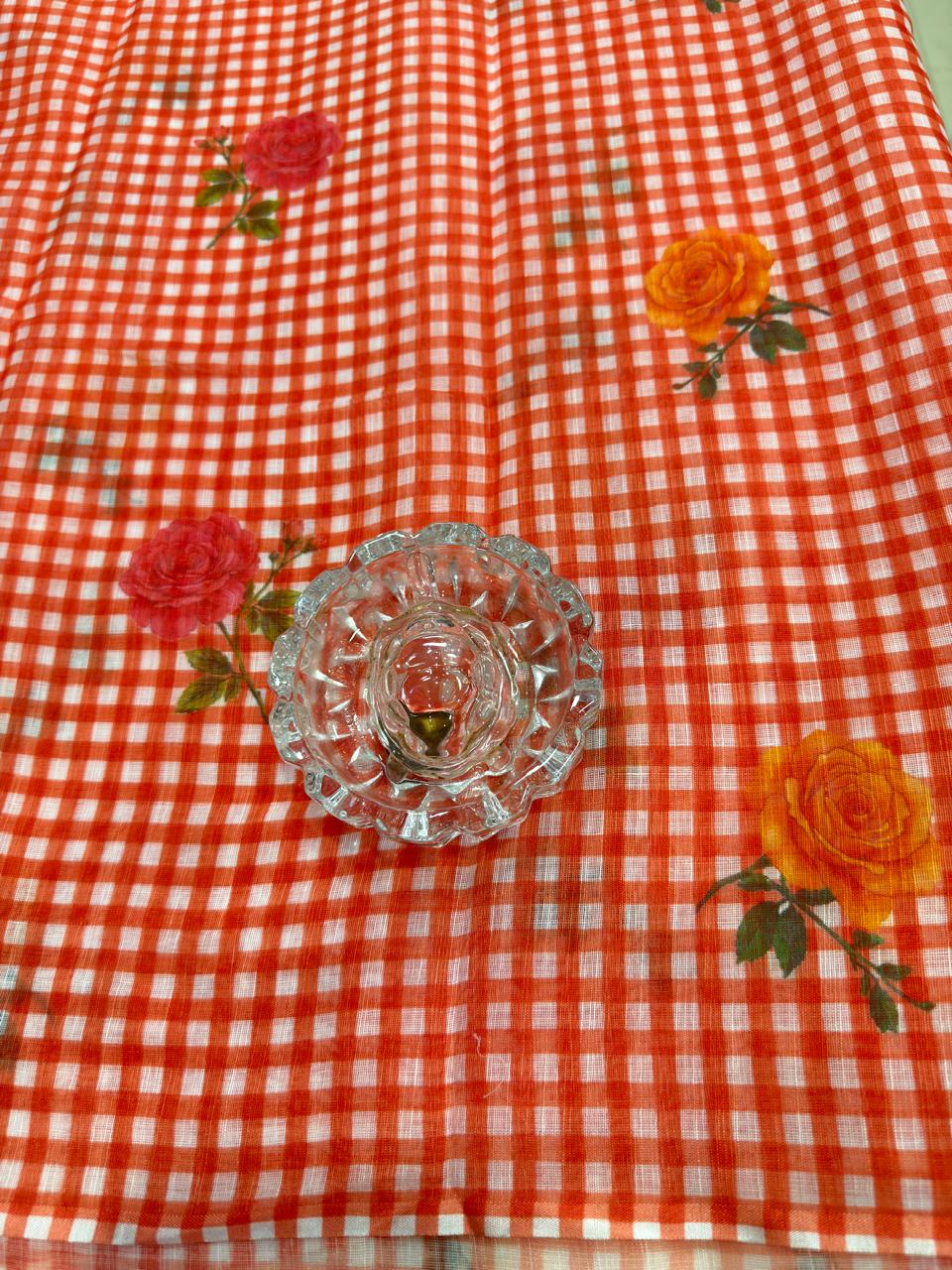 Linen Checks Printed Saree with Rose Floral Design and Matching Blouse for Women