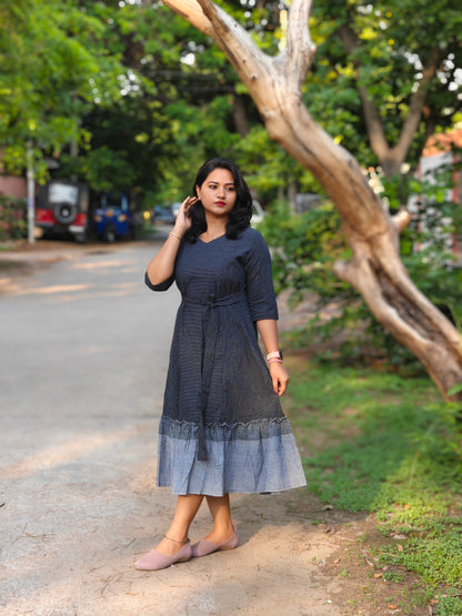 Black Cotton Striped Flared Midi Dress for Women – Sizes S to 3XL