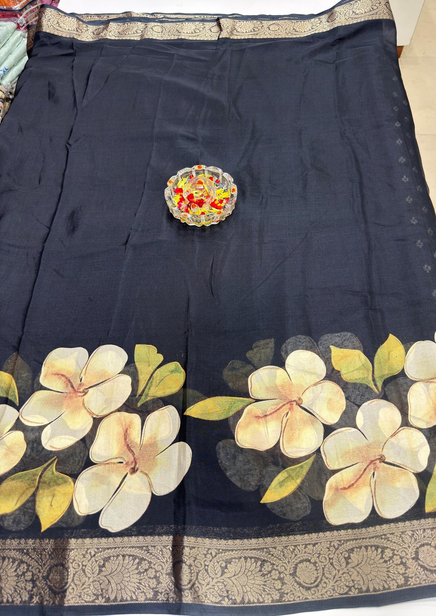 Floral Printed Semi Silk Saree for Women with Woven Border and Elegant Ethnic Design