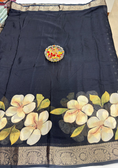 Floral Printed Semi Silk Saree for Women with Woven Border and Elegant Ethnic Design