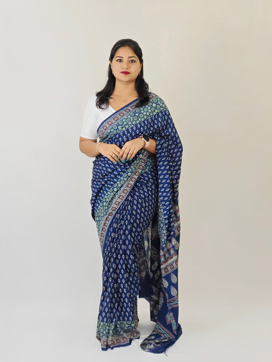 Semi Modal Silk Saree with Hand Block Prints and Contrast Blouse for Women