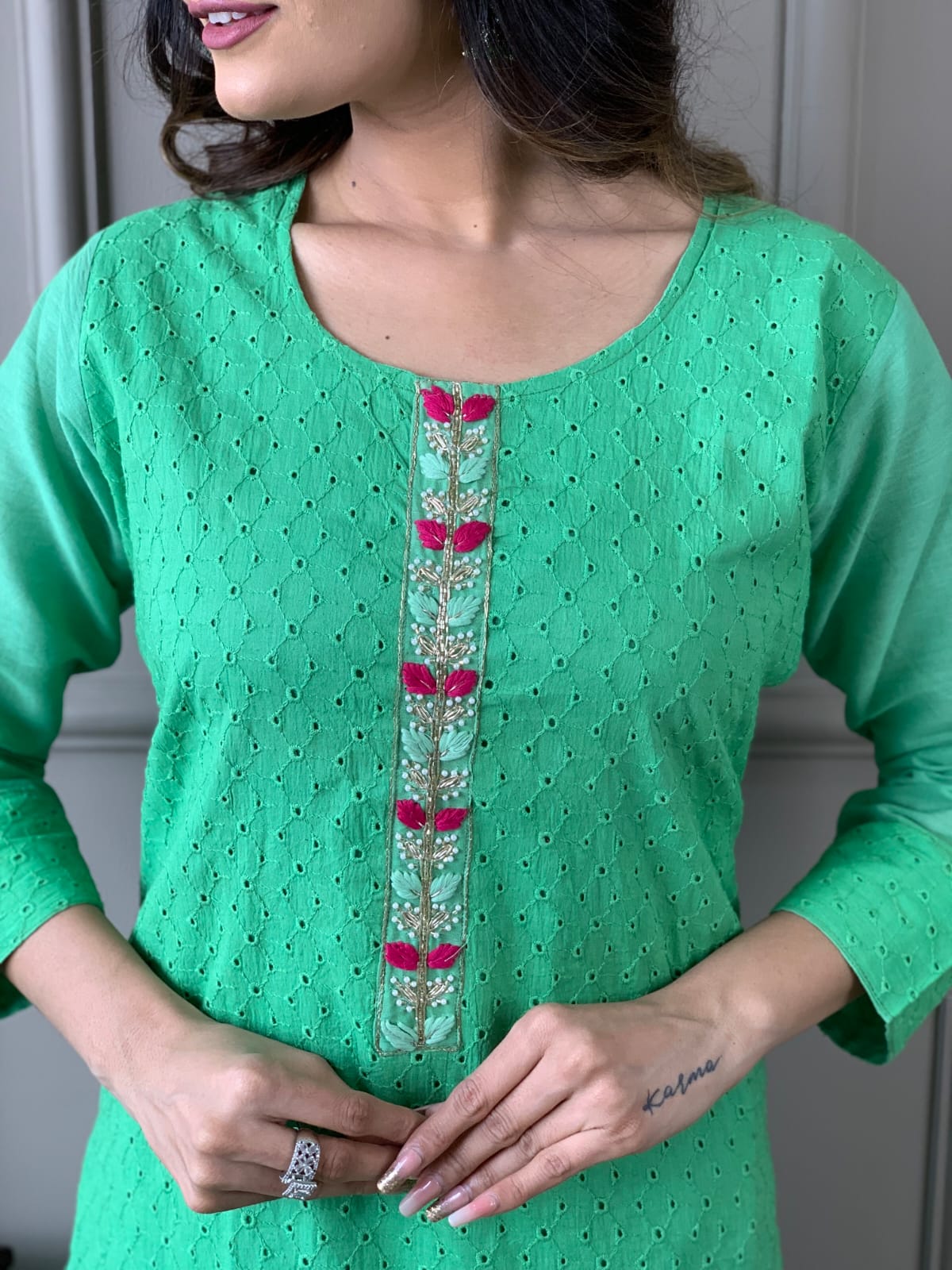 Cotton Schiffli Chikankari Kurta Set with Pants and Printed Silk Dupatta – Women’s Ethnic Wear