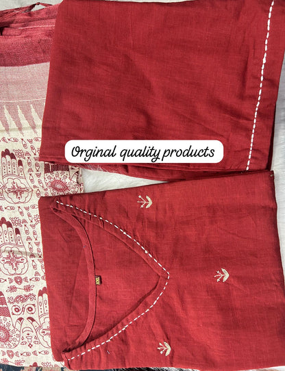 Cotton Slub Kurti with Hand Kantha Work, Pants and Cotton Silk Dupatta – Women’s Ethnic Set