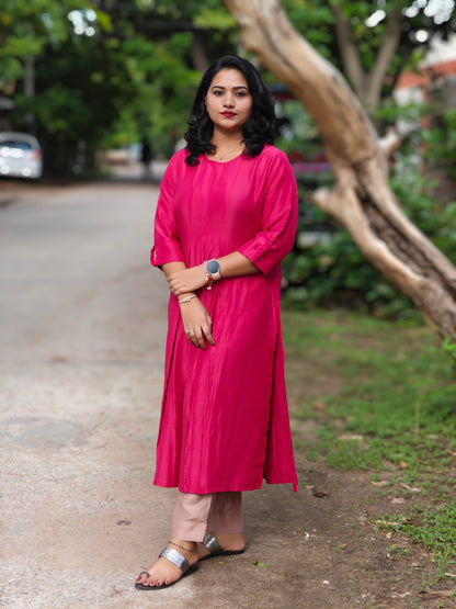 Pink Chinnon Solid Pleated Kurta with Pant Set for Women