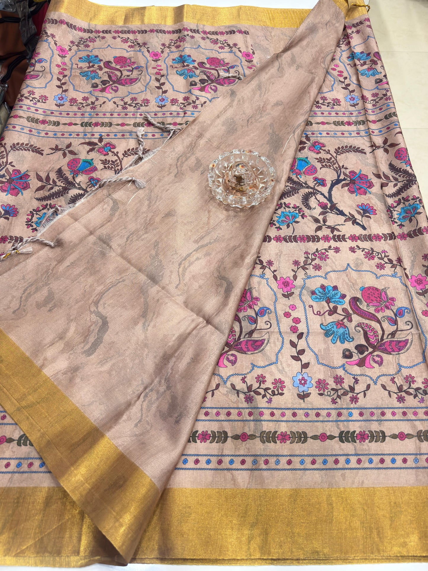 Soft Tussar Silk Printed Saree with Contrast Border, Tassels and Blouse for Women