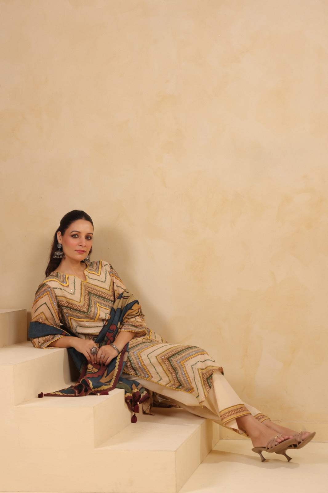 Mul Chanderi Kurti Pant Dupatta Set with Dori and Sequin Handwork for Women