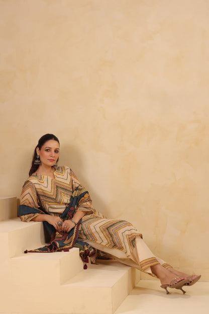 Mul Chanderi Kurti Pant Dupatta Set with Dori and Sequin Handwork for Women