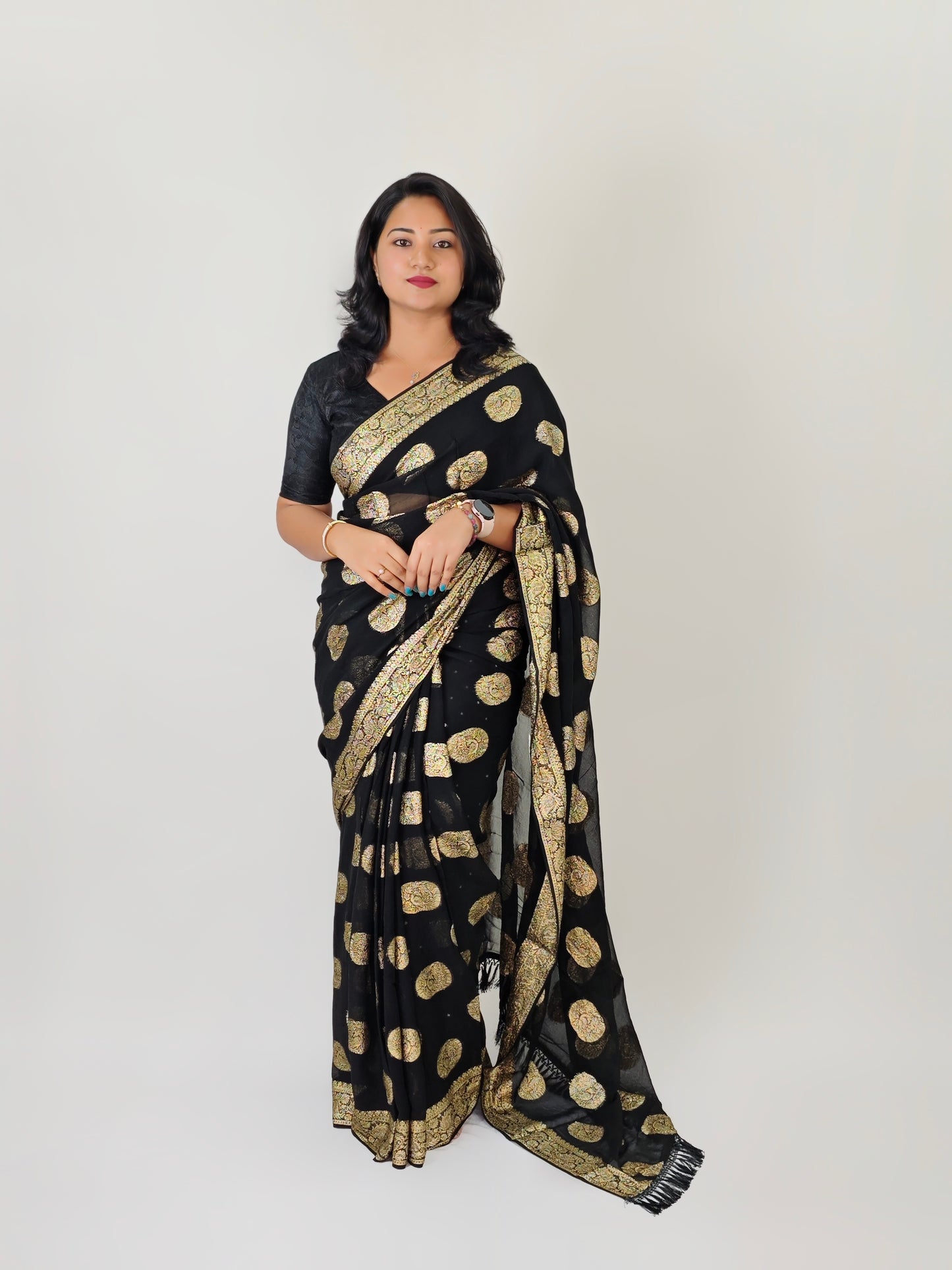 Women’s Pure Viscose Georgette Saree with Gold Zari Weaving, Zalar Pallu and Foil Mirror Work Blouse