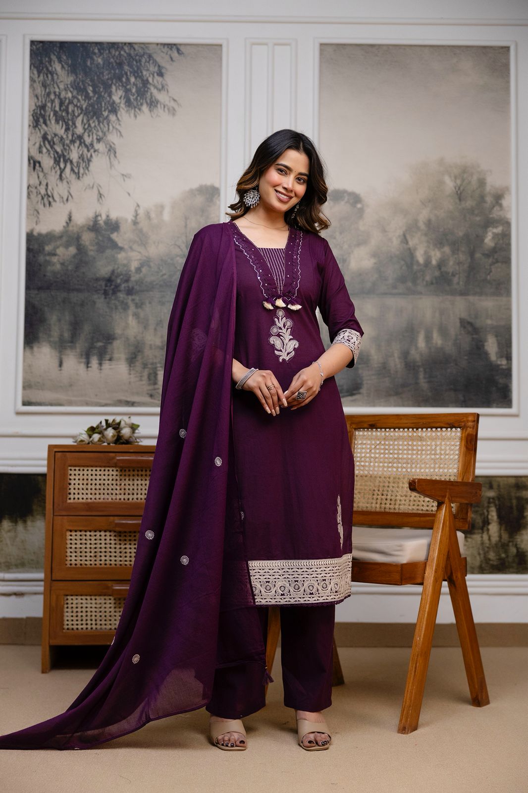 Women’s cotton 60x60 kurta pant dupatta set, wine plum, embroidered yoke with lace border, sizes M-3XL