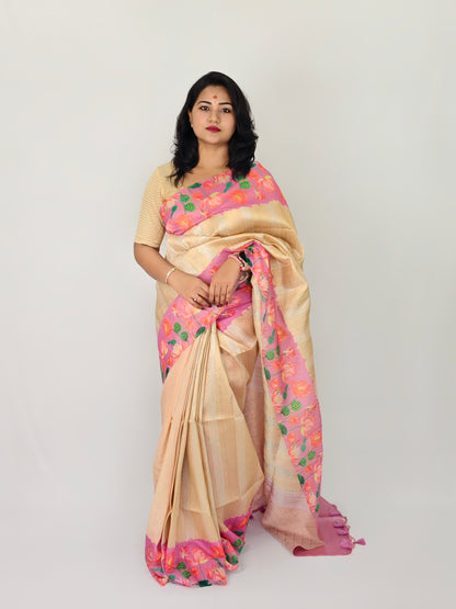 Soft Silk Saree with Pichwai Lotus Print Contrast Border, Rich Zari Pallu, and Blouse Piece