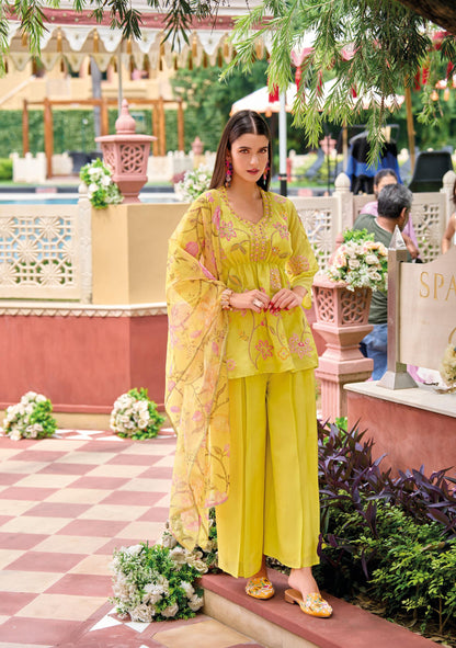 Viscose Shimmer Zari Silk Kurta Plazo Dupatta Set with Handwork and Digital Print Dupatta – Sizes XL to 3XL