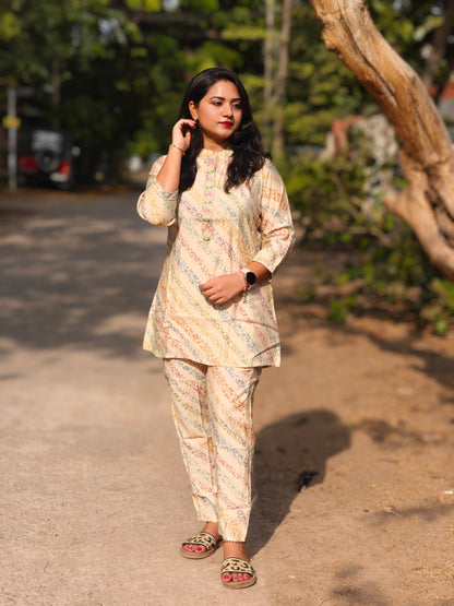 Printed cotton kurti pant set for women with straight silhouette and mandarin collar – daily summer ethnic wear